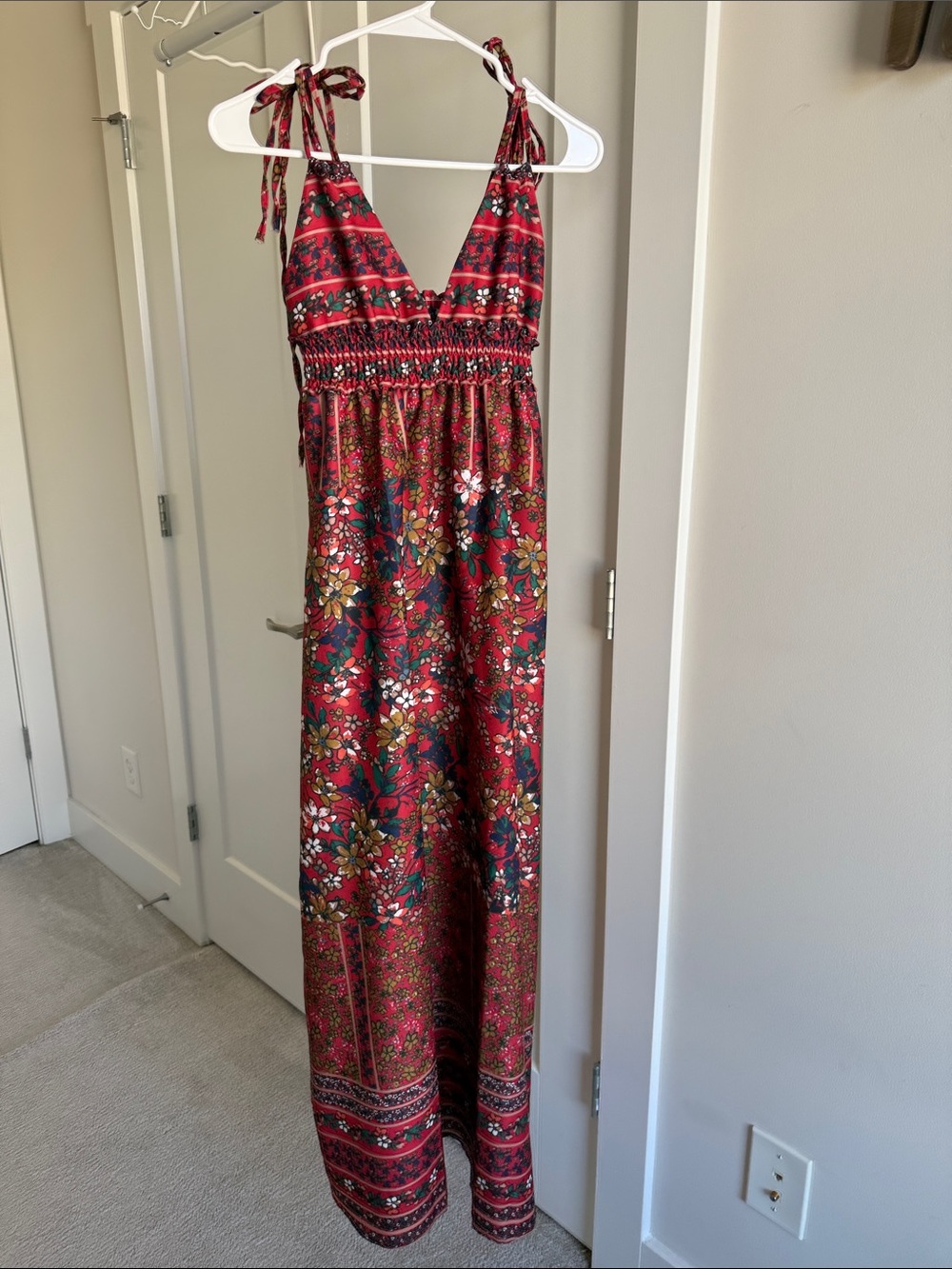 Zaful Red Floral Tiered Maxi Dress with Smocked Waist